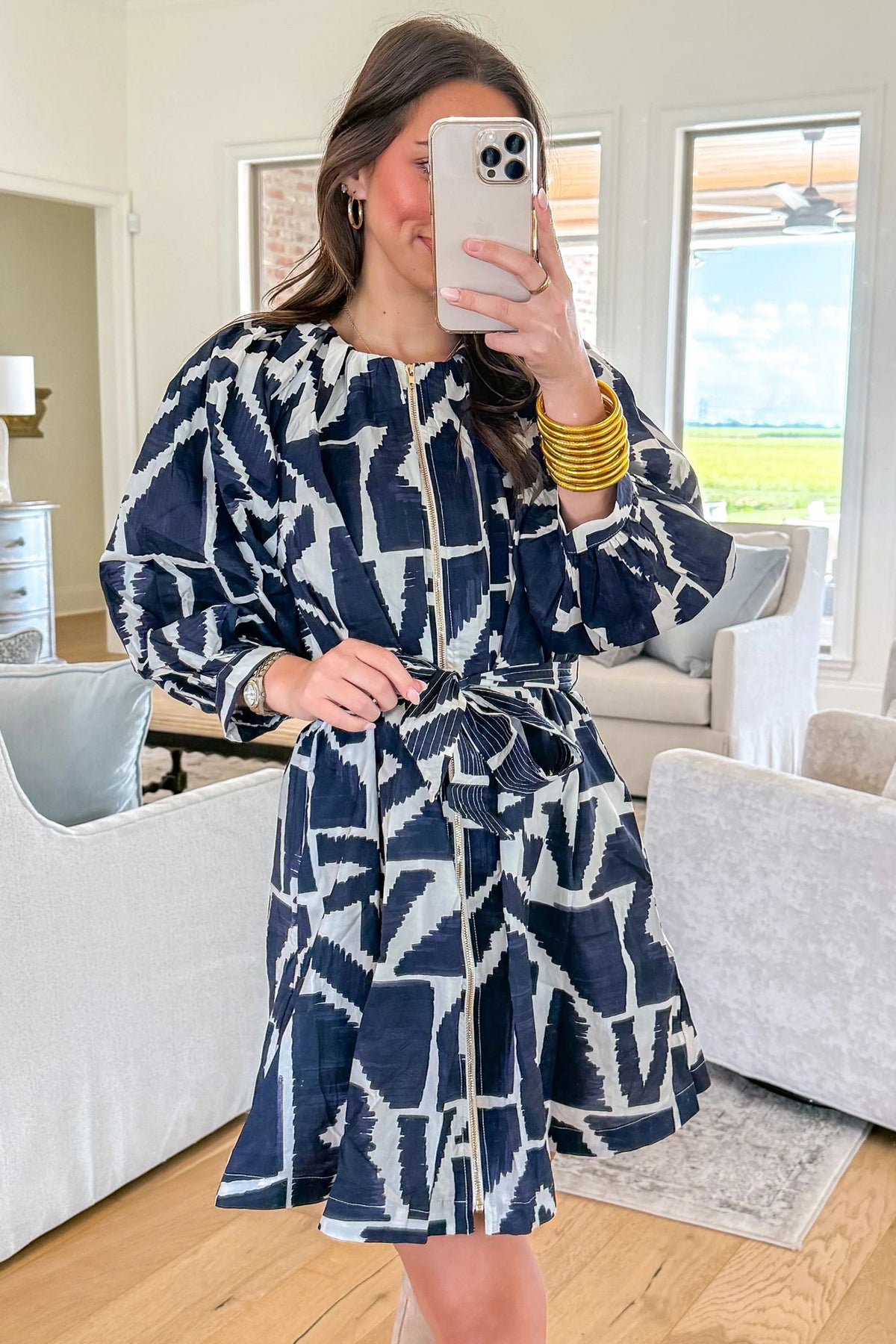 Blue Abstract Zip Front Tie Waist Dress
