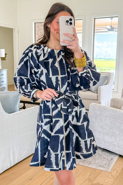 Blue Abstract Zip Front Tie Waist Dress