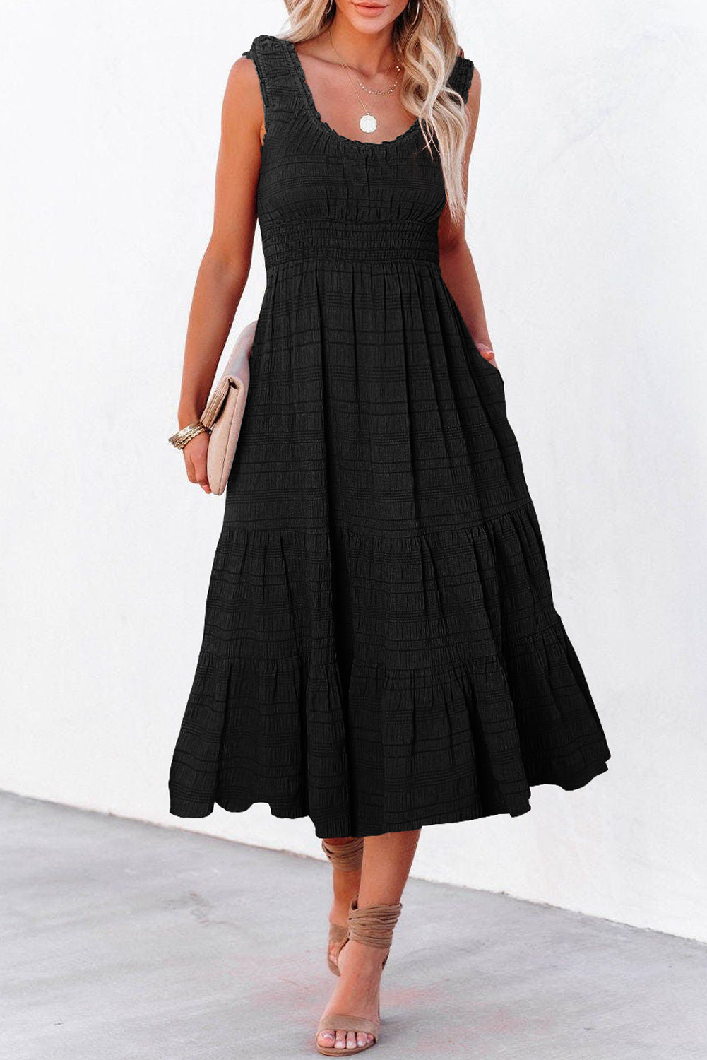 Rose Shirred Pleated Square Neck Midi Dress