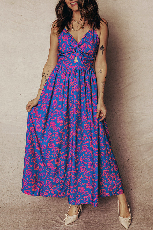 Blue Floral Twisted V-Neck Maxi Dress