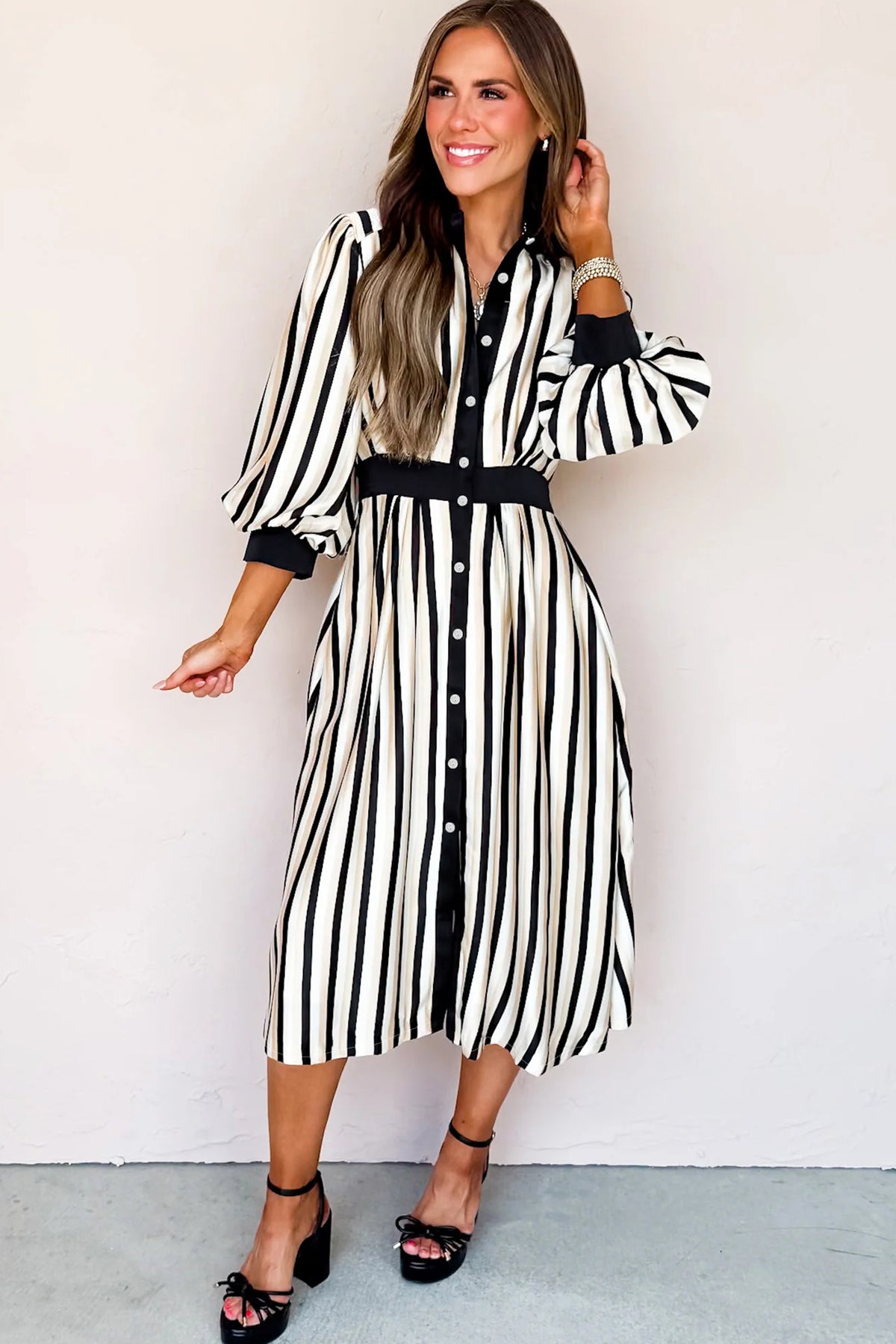 Black Stripe Button-Down Shirt Midi Dress