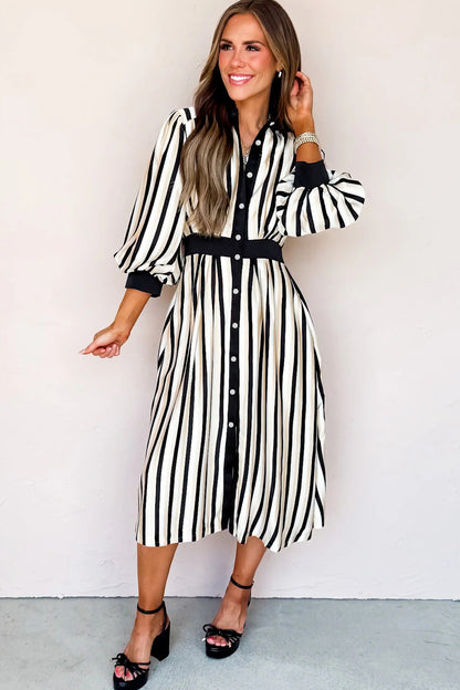 Black Stripe Button-Down Shirt Midi Dress