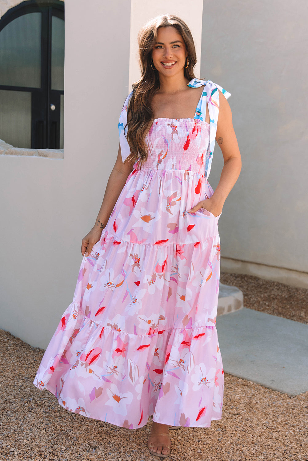 Floral Knotted Strap Tiered Maxi Dress