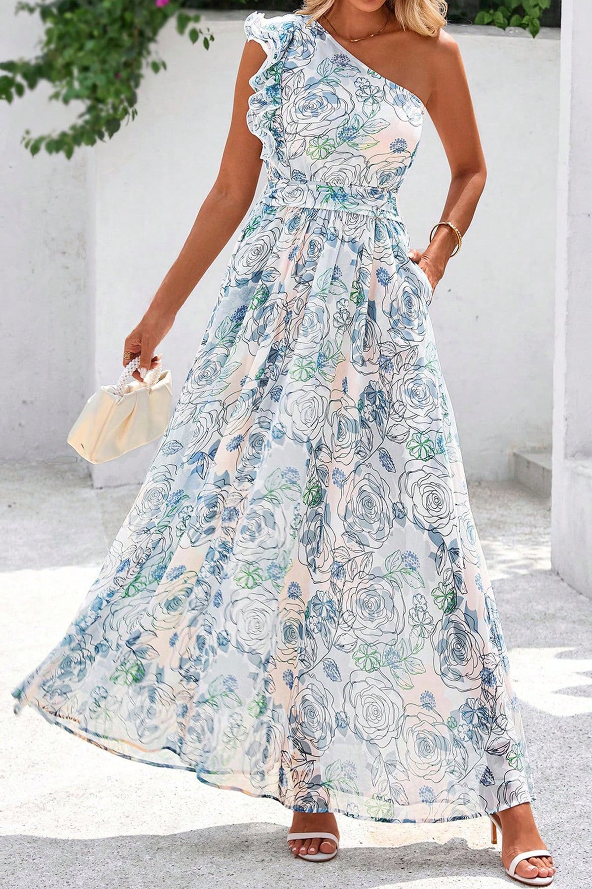 Sky Blue Floral One-Shoulder Ruffle Maxi Dress