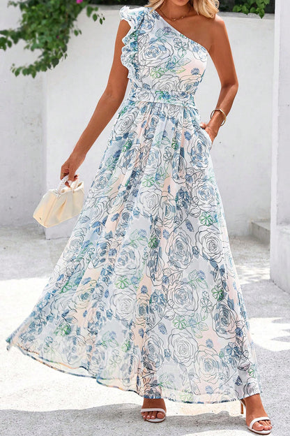 Sky Blue Floral One-Shoulder Ruffle Maxi Dress