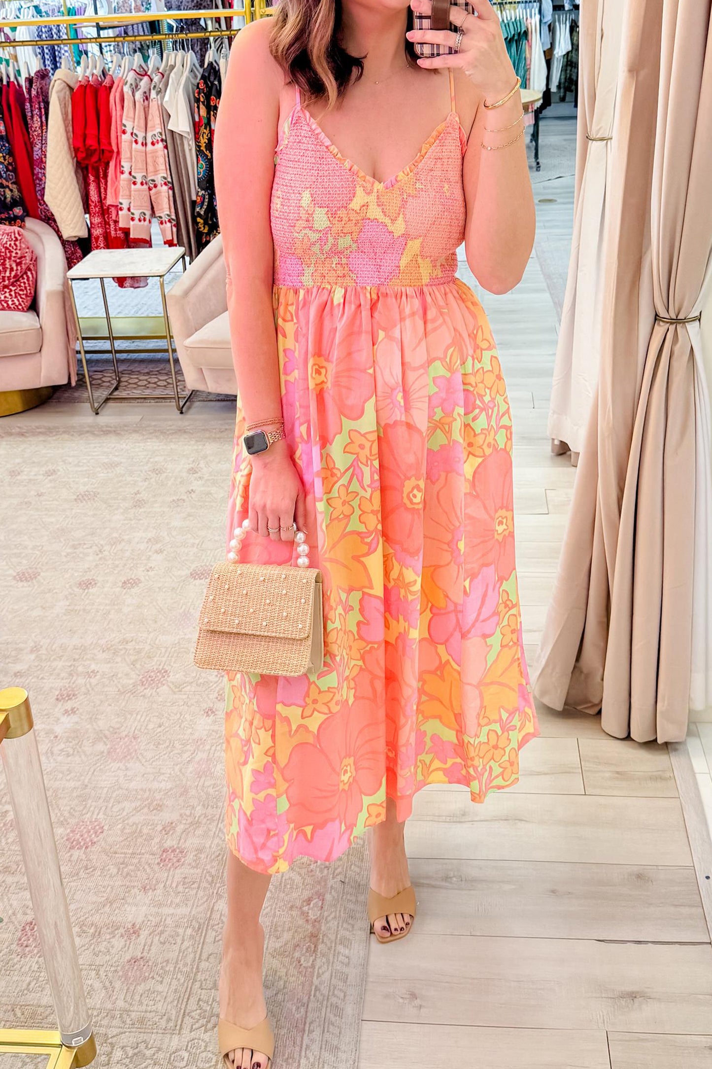 Pink Floral Shirred High Waist Dress
