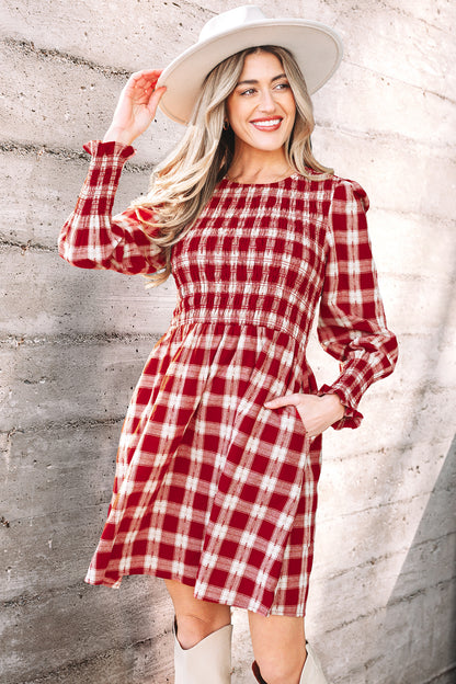 Red Plaid Smocked Puff Sleeve Mini Dress