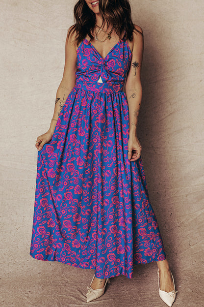 Blue Floral Twisted V-Neck Maxi Dress