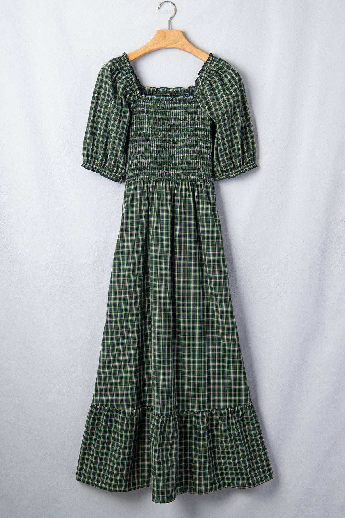 Green Plaid Shirred High Waist Dress