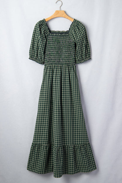 Green Plaid Shirred High Waist Dress