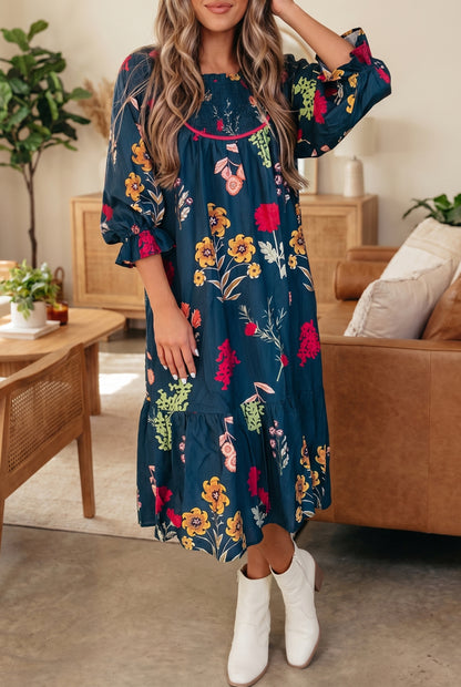 Blue Floral Gathered Neck Midi Dress