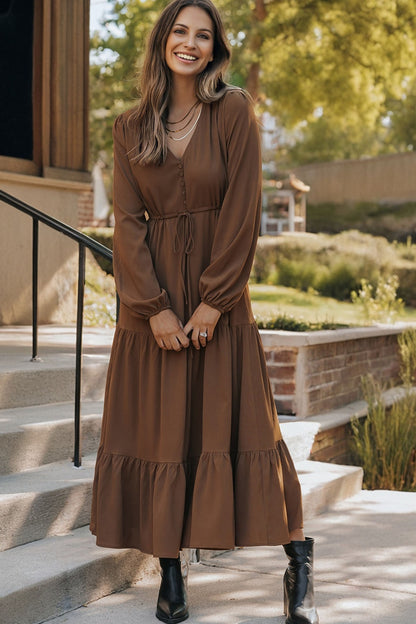 Burgundy Button V-Neck Tiered Maxi Dress