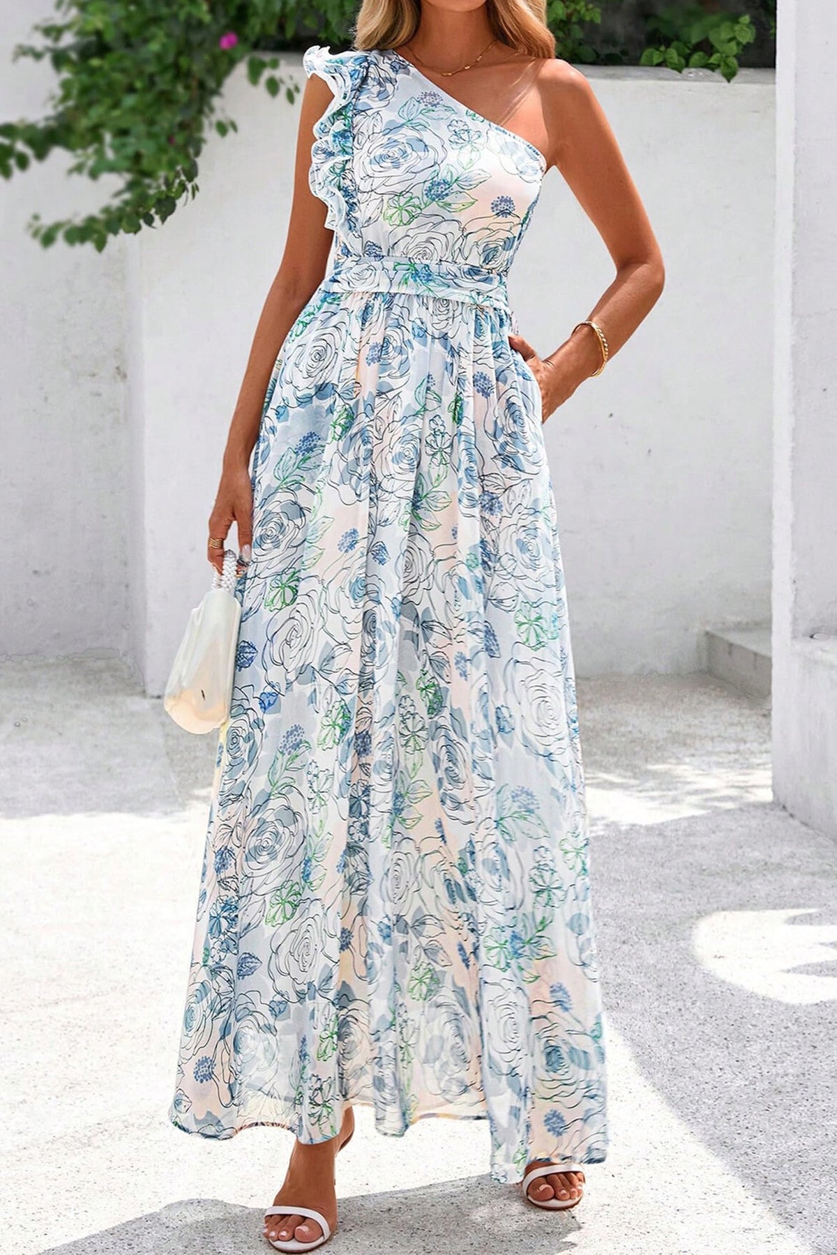 Sky Blue Floral One-Shoulder Ruffle Maxi Dress