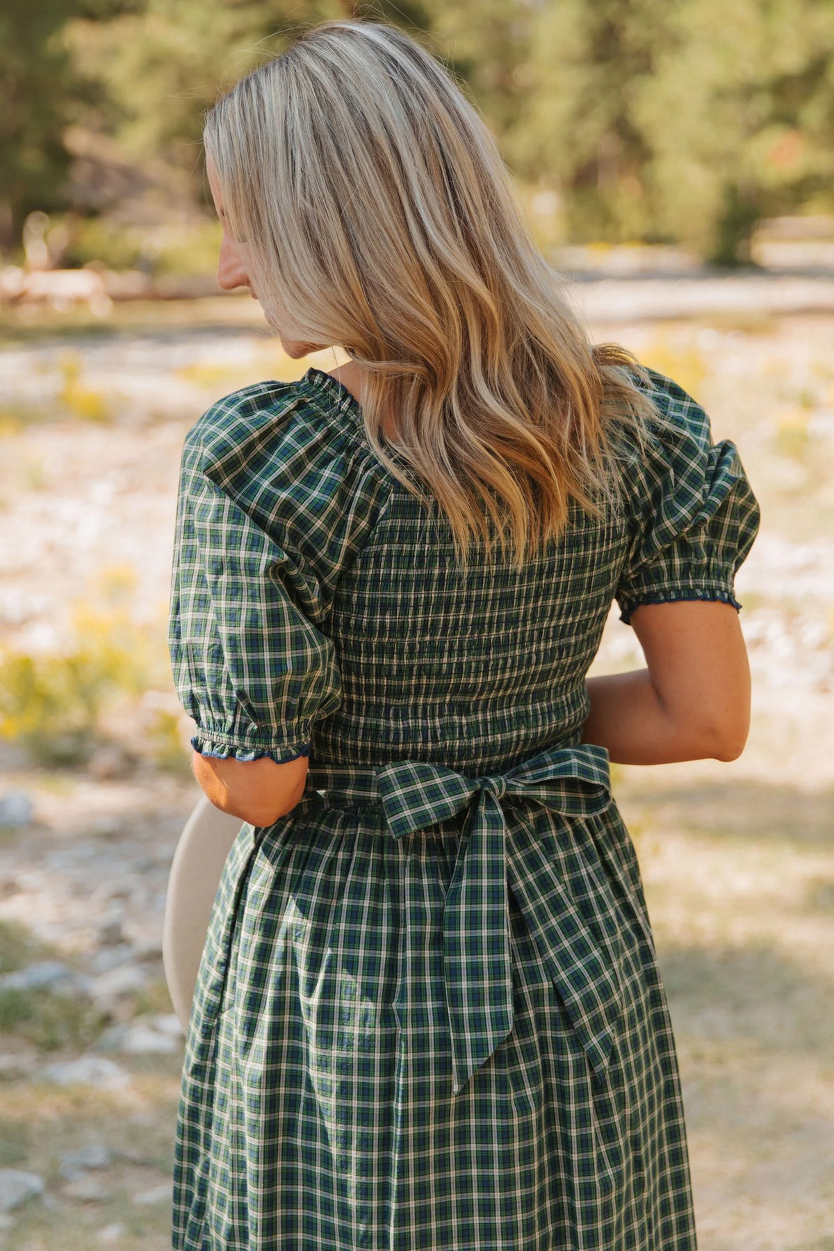 Green Plaid Shirred High Waist Dress