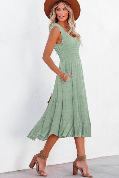 Rose Shirred Pleated Square Neck Midi Dress