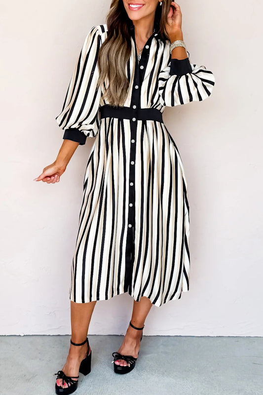 Black Stripe Button-Down Shirt Midi Dress