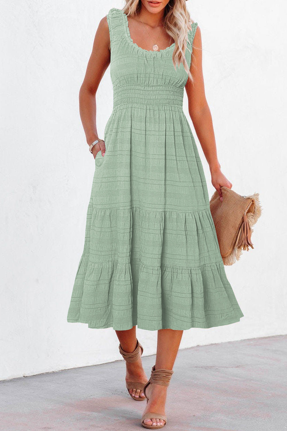 Rose Shirred Pleated Square Neck Midi Dress