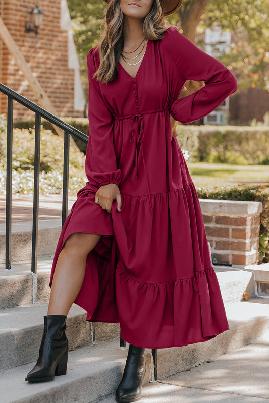Burgundy Button V-Neck Tiered Maxi Dress