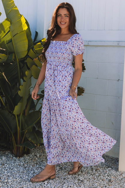 Pink Floral Shirred High Waist Maxi Dress