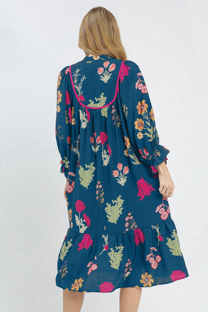 Blue Floral Gathered Neck Midi Dress