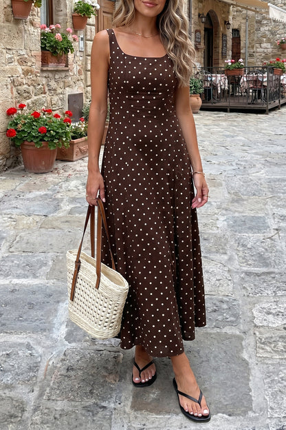 Brown Polka Dot Square Neck Maxi Dress