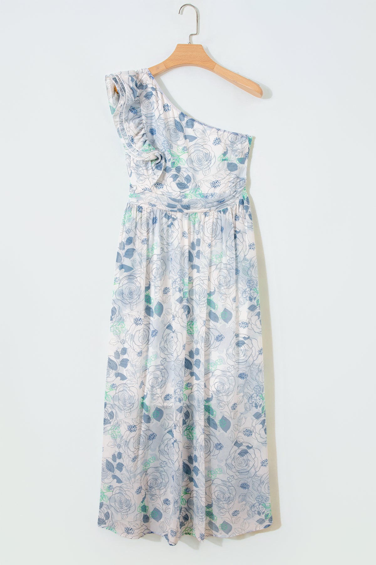 Sky Blue Floral One-Shoulder Ruffle Maxi Dress