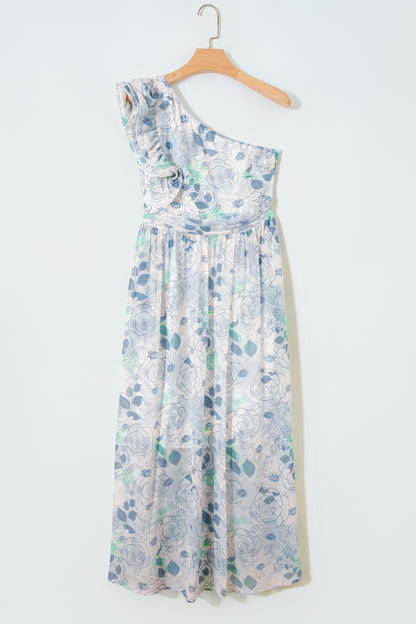 Sky Blue Floral One-Shoulder Ruffle Maxi Dress