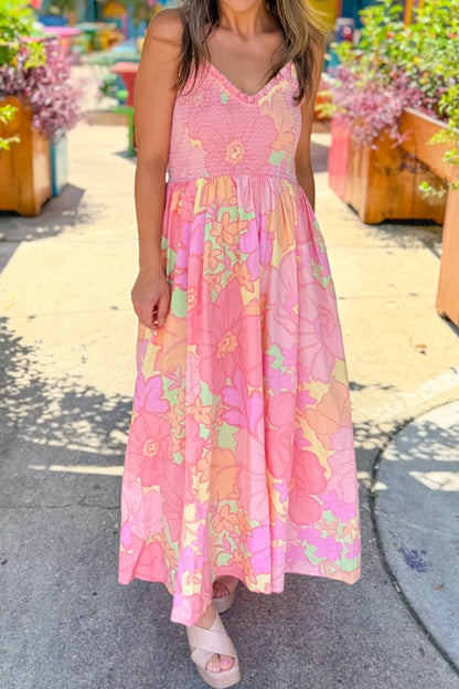 Pink Floral Shirred High Waist Dress