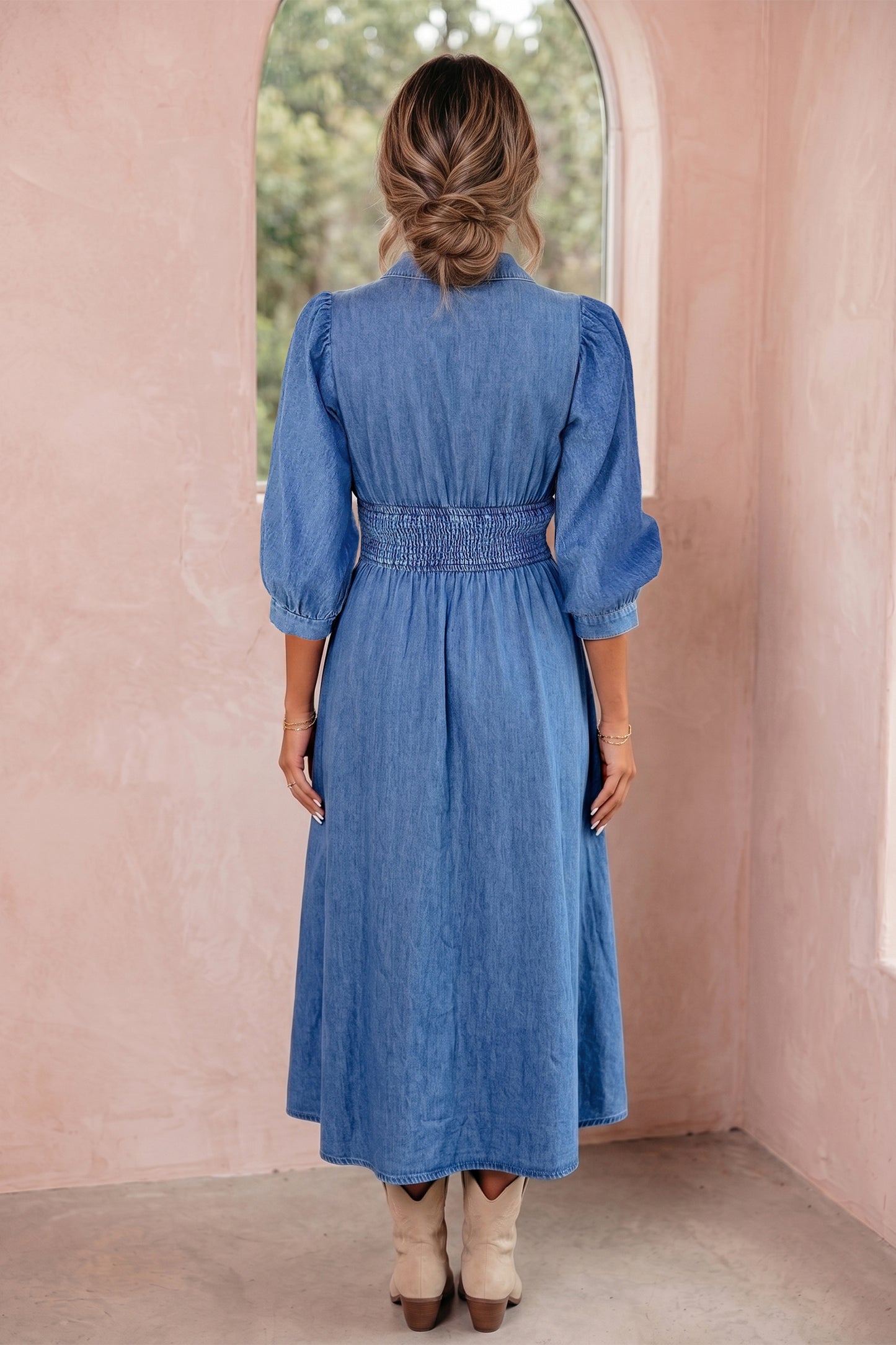 Blue Zip Front Denim Midi Dress