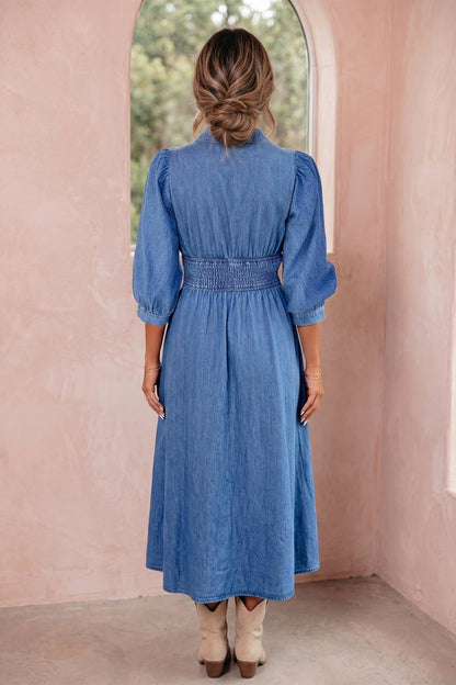 Blue Zip Front Denim Midi Dress