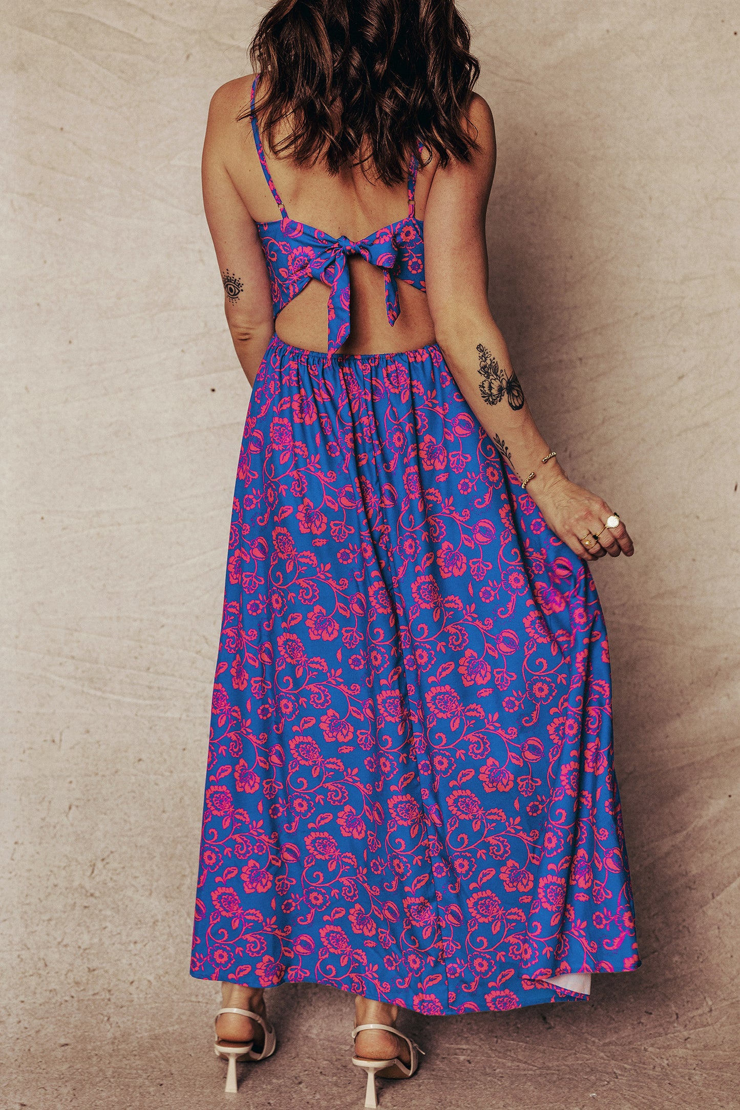 Blue Floral Twisted V-Neck Maxi Dress