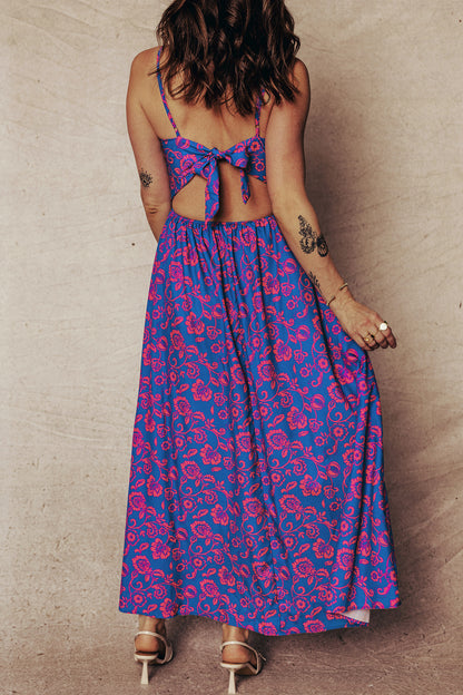 Blue Floral Twisted V-Neck Maxi Dress