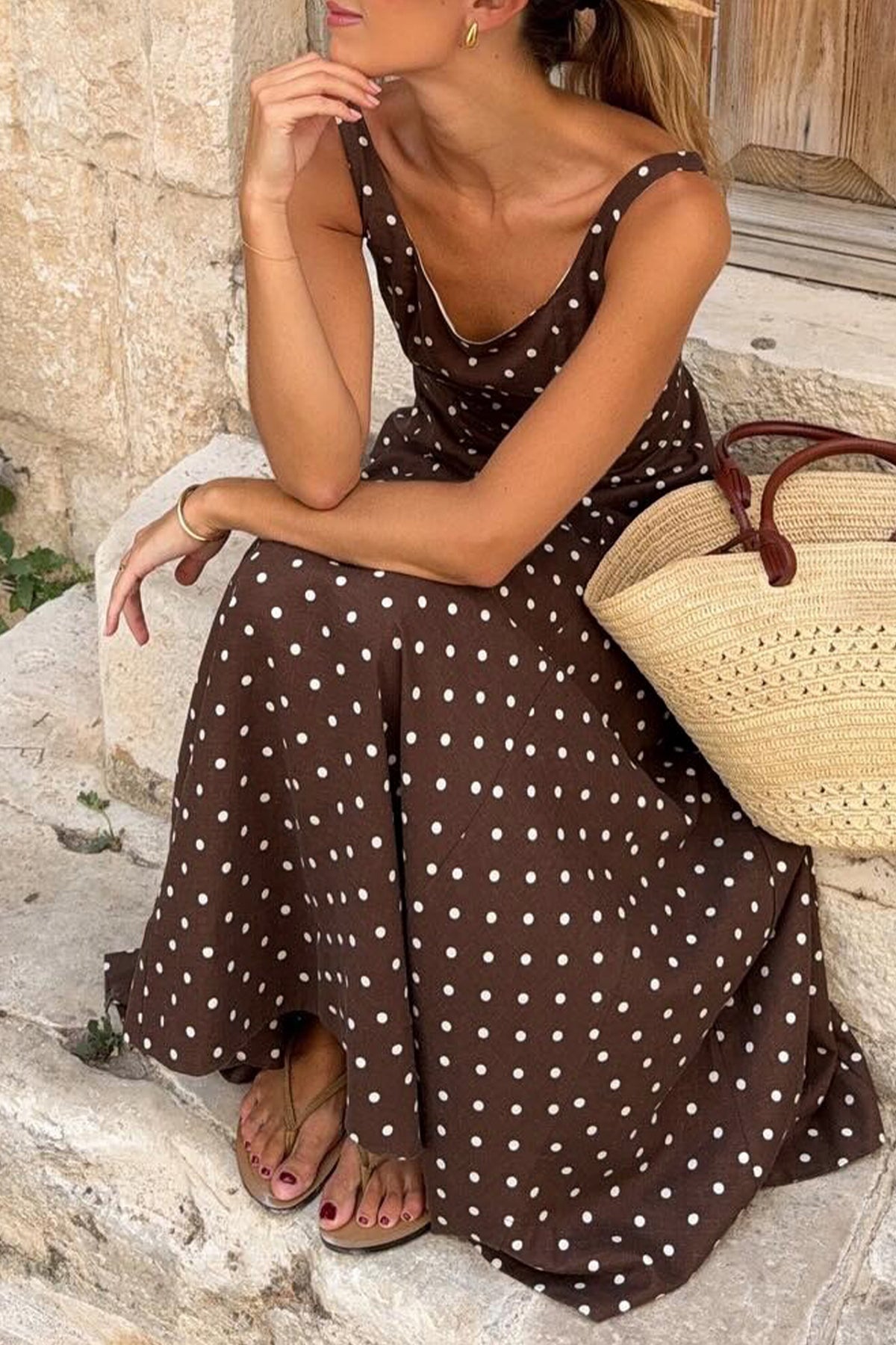 Brown Polka Dot Square Neck Maxi Dress
