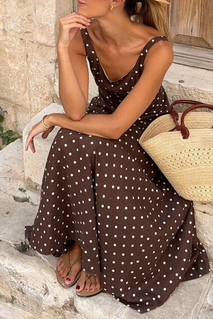 Brown Polka Dot Square Neck Maxi Dress