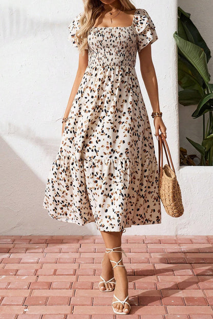 Beige Ditsy Floral Smocked Square Neck Midi Dress