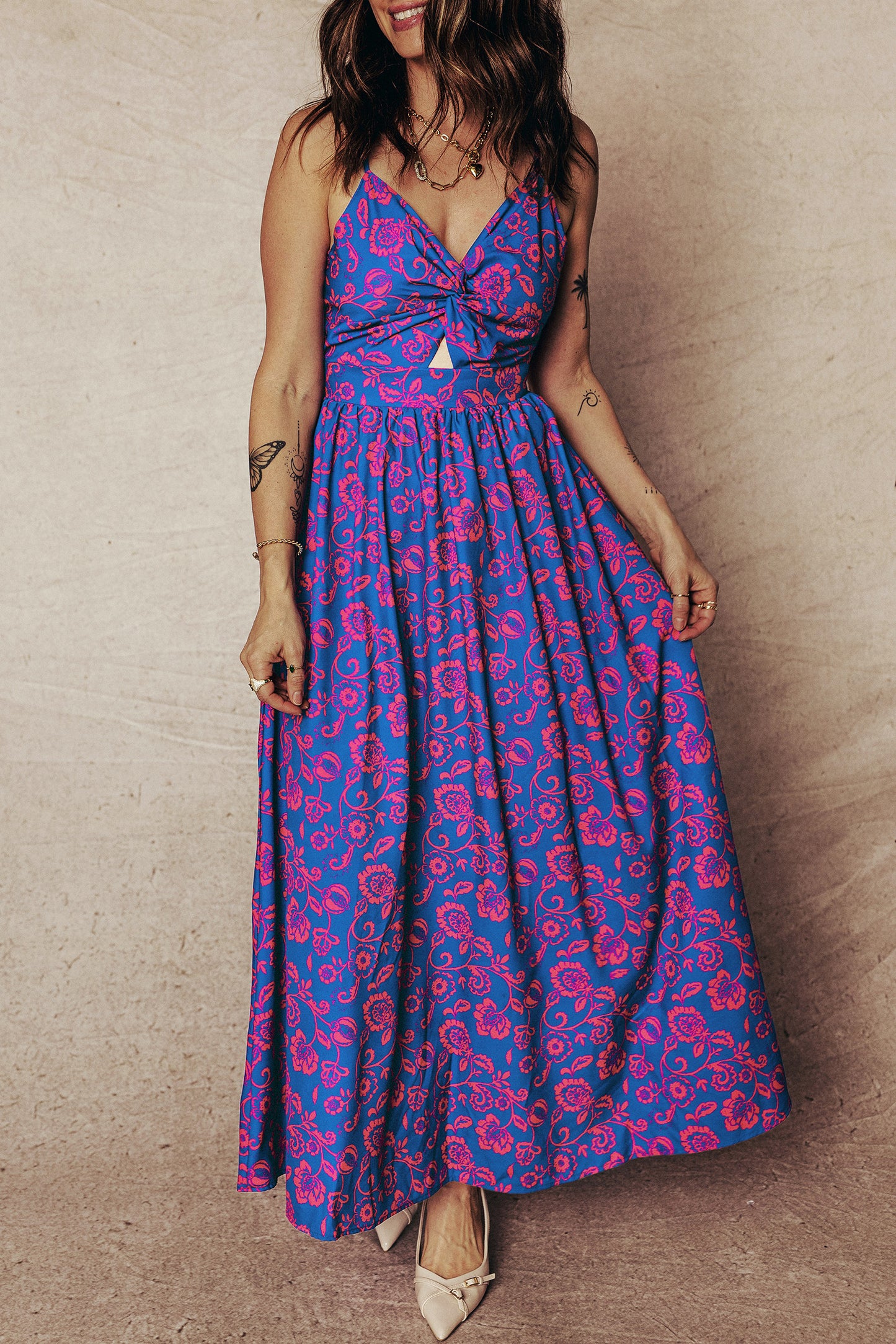 Blue Floral Twisted V-Neck Maxi Dress
