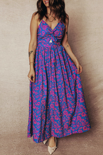 Blue Floral Twisted V-Neck Maxi Dress