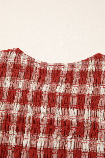 Red Plaid Smocked Puff Sleeve Mini Dress