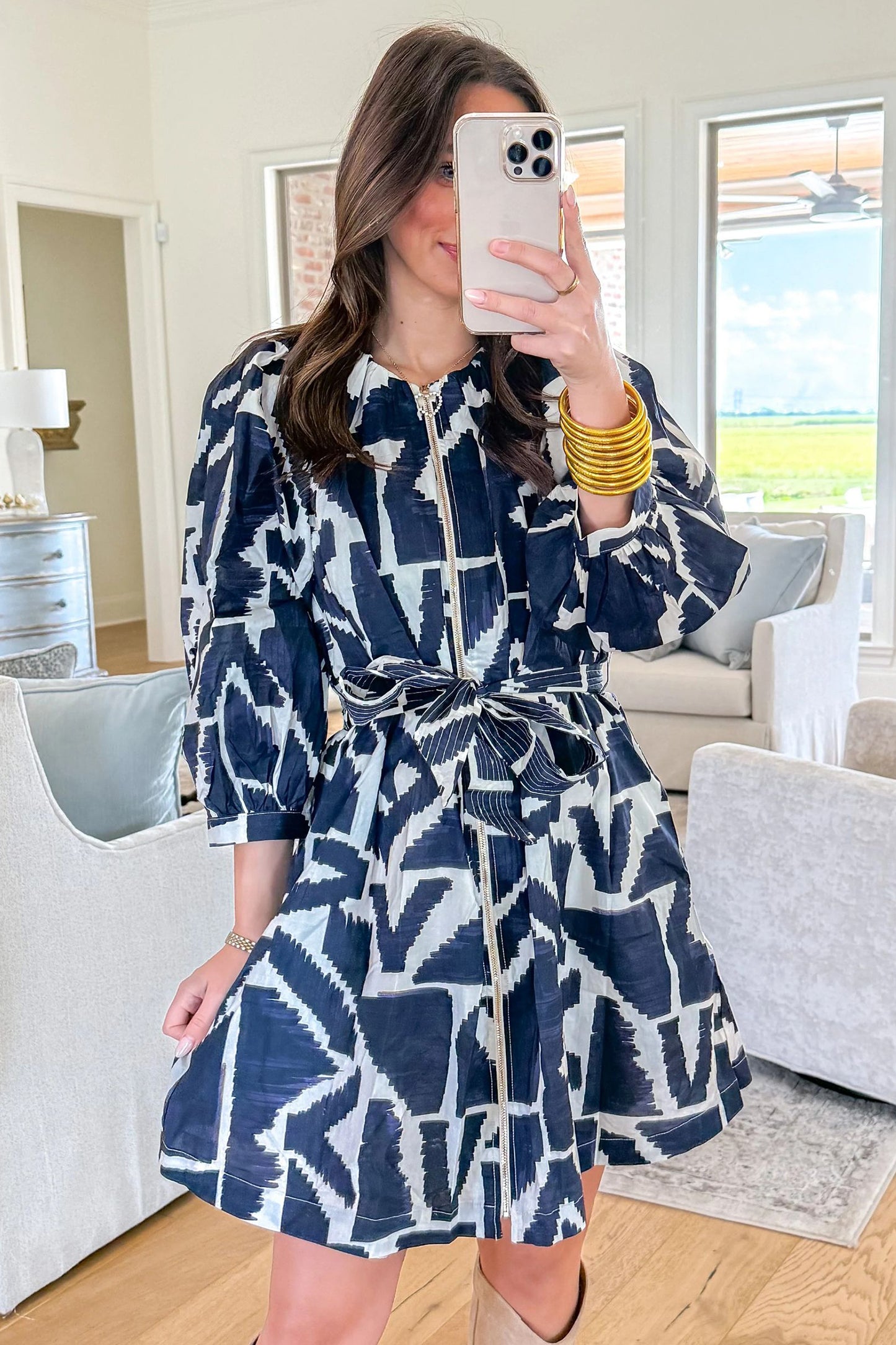 Blue Abstract Zip Front Tie Waist Dress