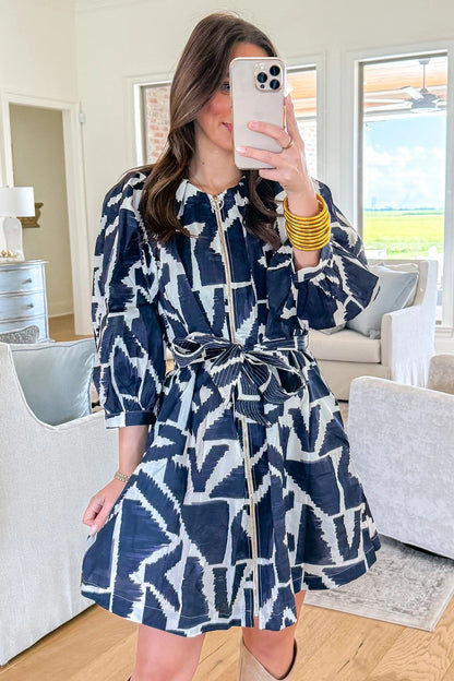 Blue Abstract Zip Front Tie Waist Dress