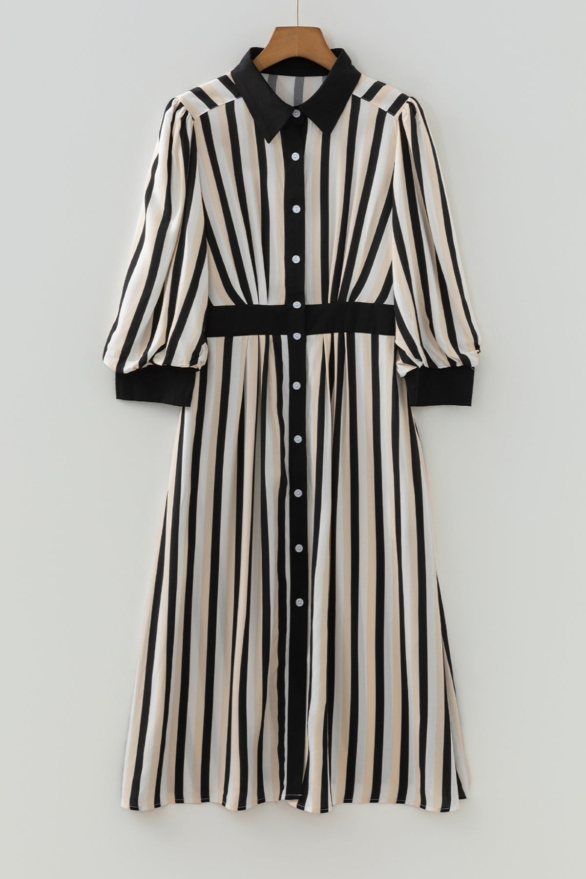 Black Stripe Button-Down Shirt Midi Dress