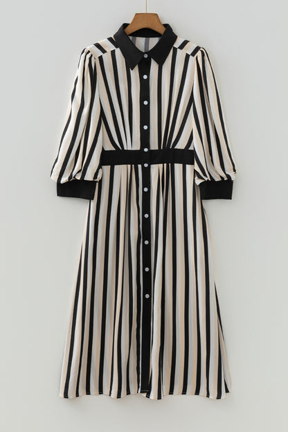 Black Stripe Button-Down Shirt Midi Dress