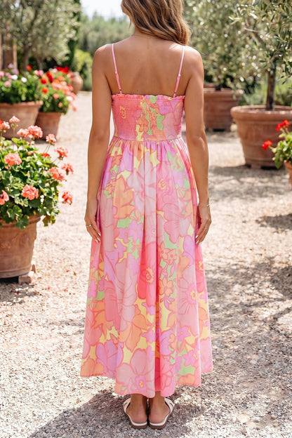 Pink Floral Shirred High Waist Dress