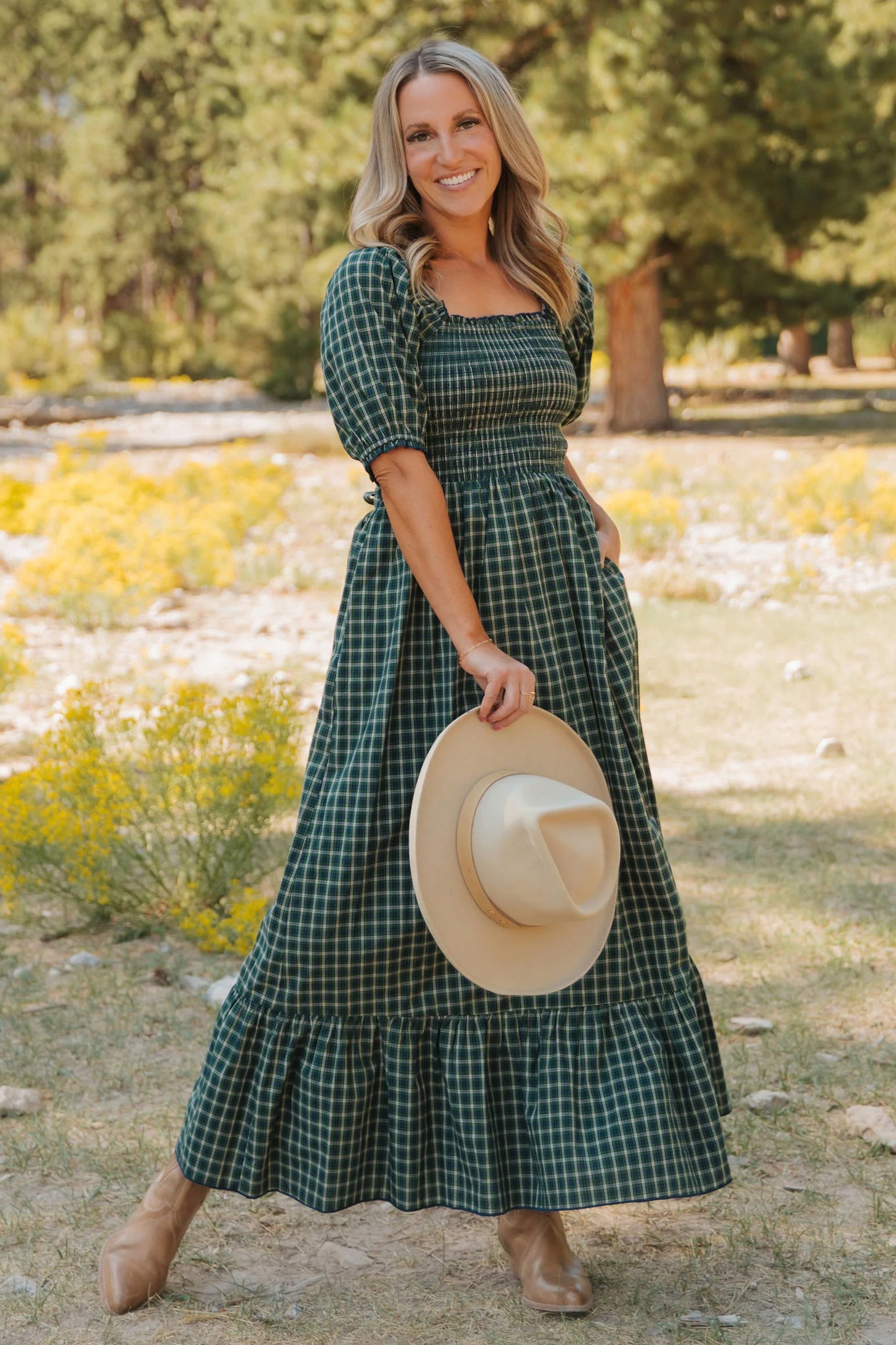 Green Plaid Shirred High Waist Dress