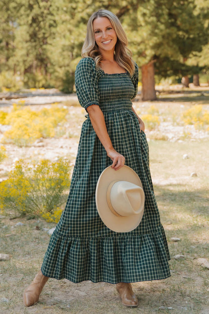 Green Plaid Shirred High Waist Dress