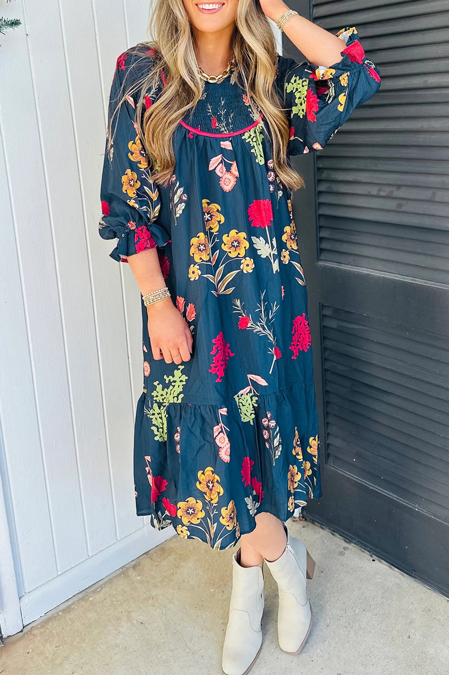 Blue Floral Gathered Neck Midi Dress