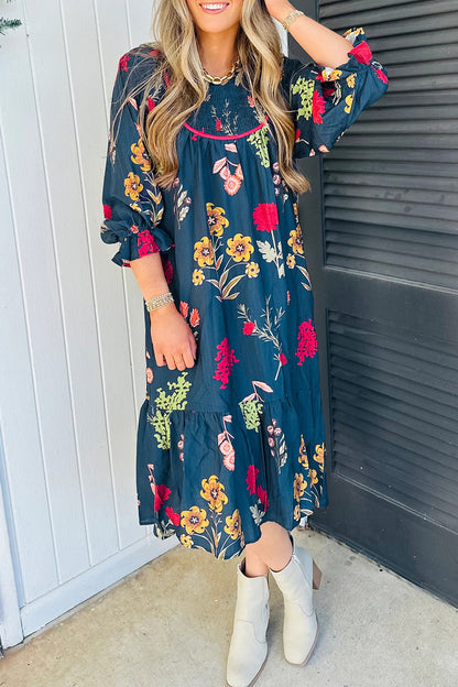 Blue Floral Gathered Neck Midi Dress