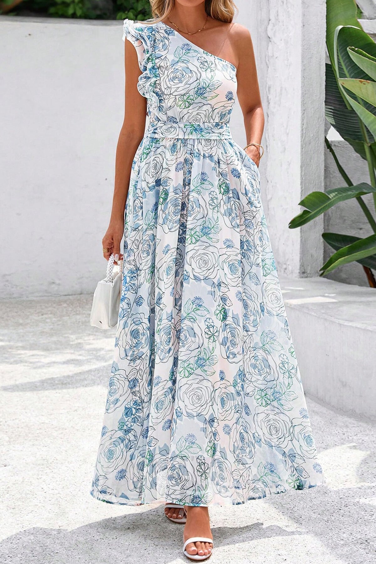 Sky Blue Floral One-Shoulder Ruffle Maxi Dress