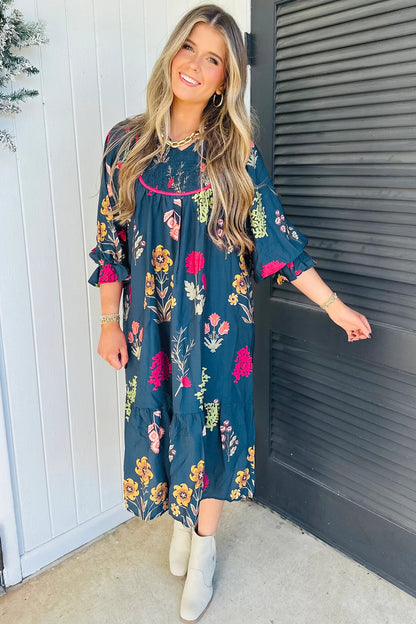 Blue Floral Gathered Neck Midi Dress