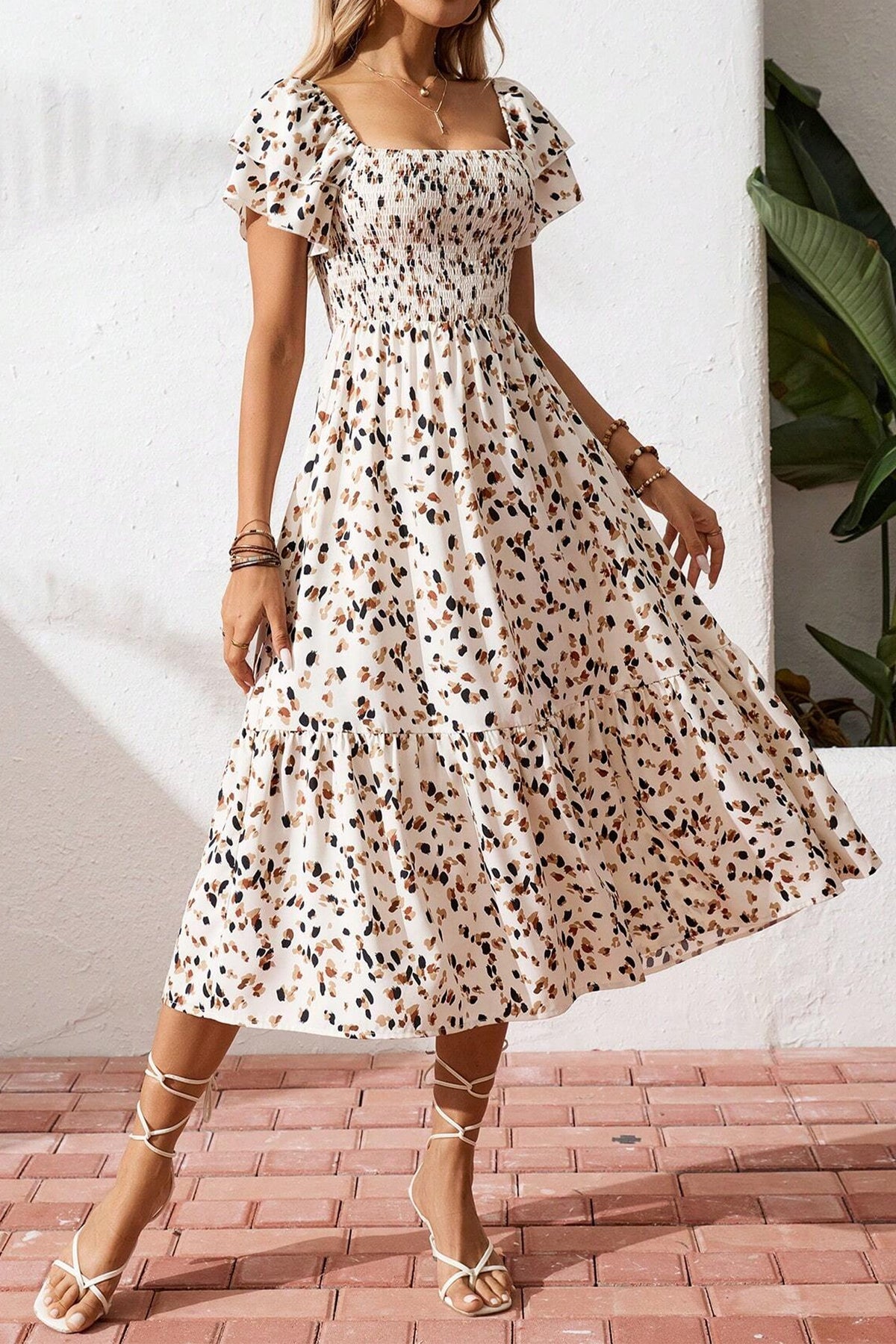Beige Ditsy Floral Smocked Square Neck Midi Dress